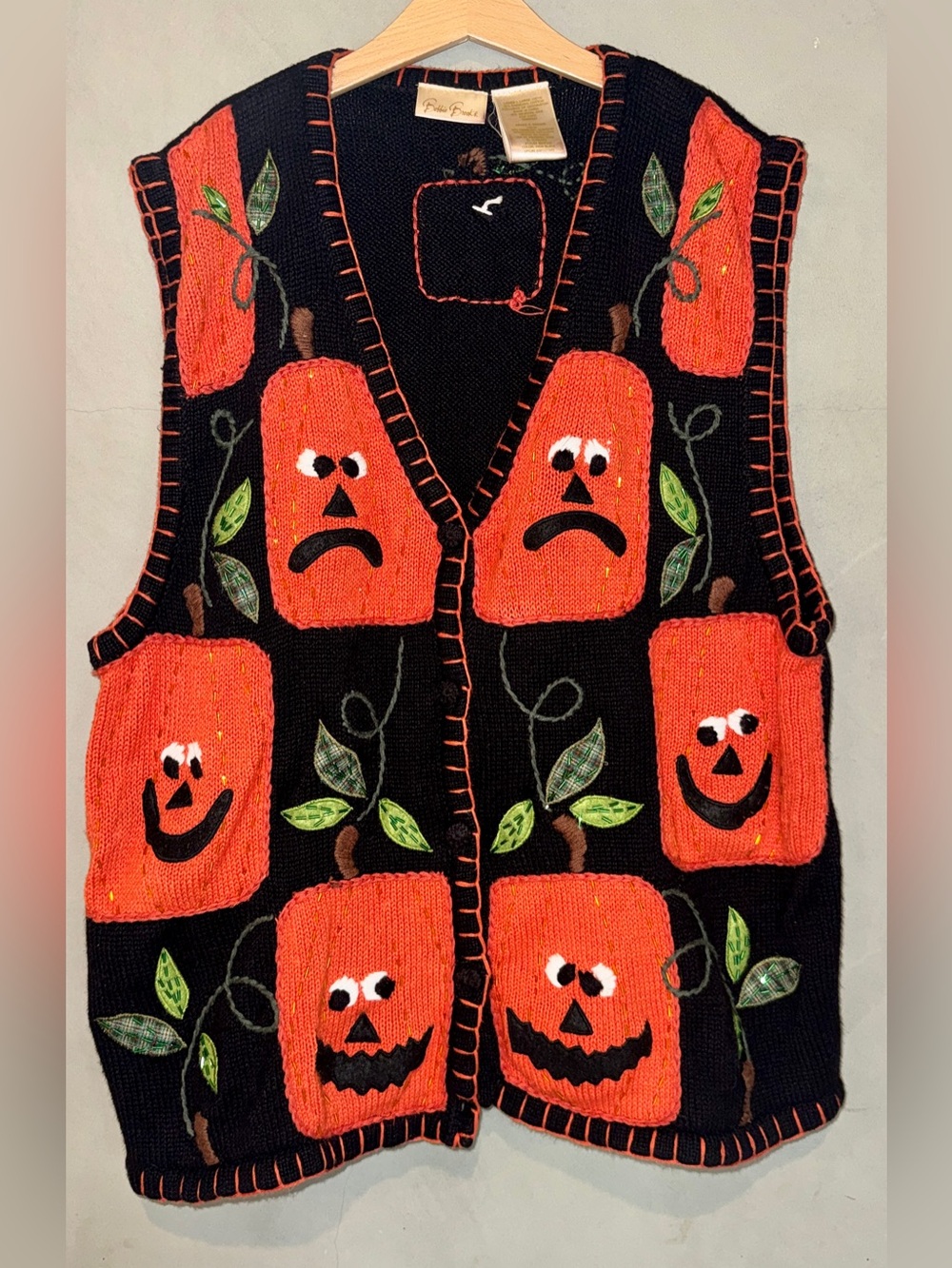 Vintage Bobbie Brooks Halloween Pumpkin knit Sweater Vest large beaded